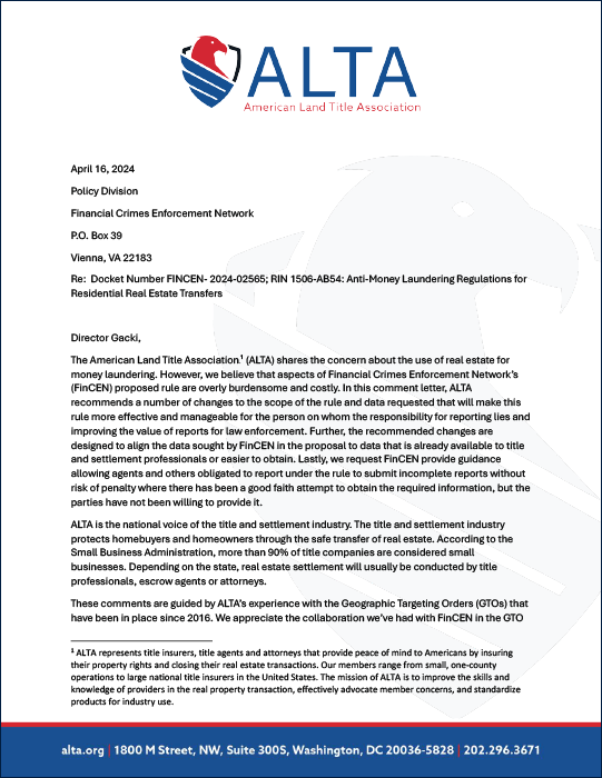 ALTA's Comment Letter to FinCEN