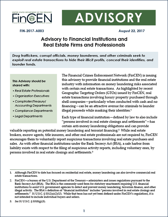 FinCen Advisory - August 22, 2017